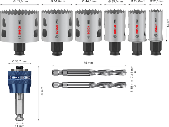 Bosch Professional Multi Material PC Plus augusae komplekt, 9 tk, läbimõõt 22; 29; 35; 44; 51; 65 mm, tööpikkus 44 mm – Bosch Professional