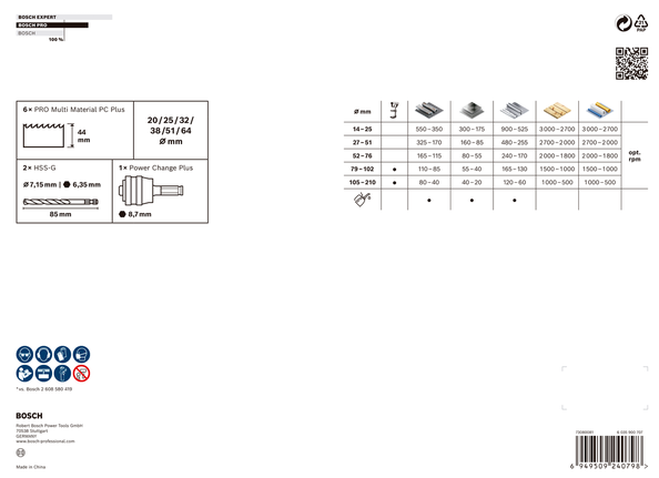 Bosch Professional Multi Material PC Plus augusae komplekt, 9 tk, läbimõõt 20; 25; 32; 38; 51; 64 mm, tööpikkus 44 mm – Bosch Professional