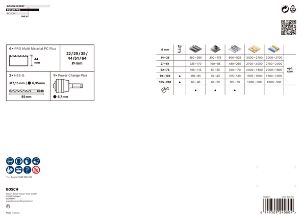 Bosch Professional Multi Material PC Plus augusae komplekt, 9 tk, läbimõõt 22; 29; 35; 44; 51; 64 mm, tööpikkus 44 mm – Bosch Professional