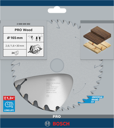 Puidusae ketas PRO Wood Circular, 165 × 2,6 × 30 mm, T24 Bosch Professional – Bosch Professional
