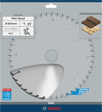 Puidusae ketas PRO Wood Circular, 254 × 2 × 30 mm, T40, läbimõõt 254 mm, ava suurus 30 mm, paksus 1,4 mm, lõikelaius 2 mm Bosch Professional – Bosch Professional