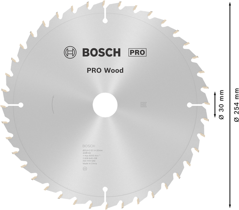 Puidusae ketas PRO Wood Circular, 254 × 2 × 30 mm, T40, läbimõõt 254 mm, ava suurus 30 mm, paksus 1,4 mm, lõikelaius 2 mm Bosch Professional – Bosch Professional