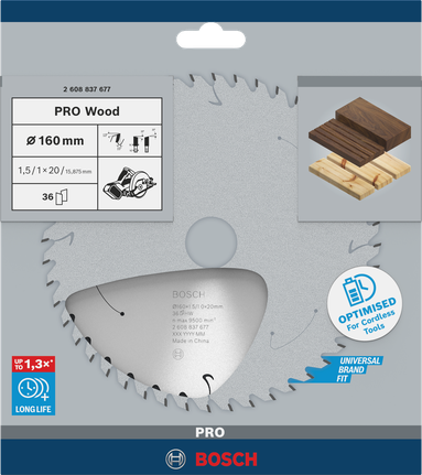 Puidusae ketas PRO Wood cordless, 160 × 1,5 × 20 mm, T36 Bosch Professional – Bosch Professional
