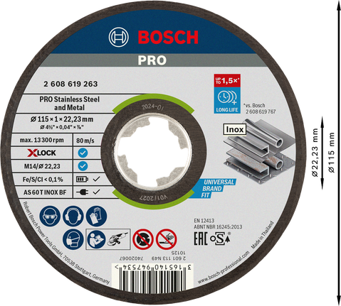 Seotud lõikeketas PRO Stainless Steel and Metal, 115 × 1 × 22,23 mm, X-Lock, sirge, oSa Bosch Professional – Bosch Professional