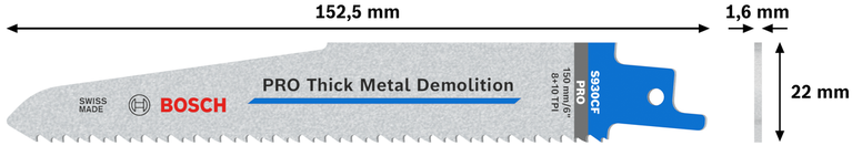 Saabelsaetera PRO Thick Metal Demolition S930CF 1,6 × 22 × 150 mm, 5 tk Bosch Professional – Bosch Professional